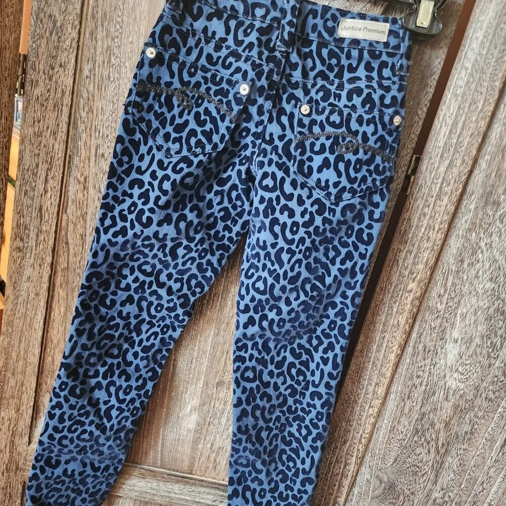 Justice Premium‎ Jeans Blue Leopard Print Textured Velvet Size 7S Simply Low EUC
